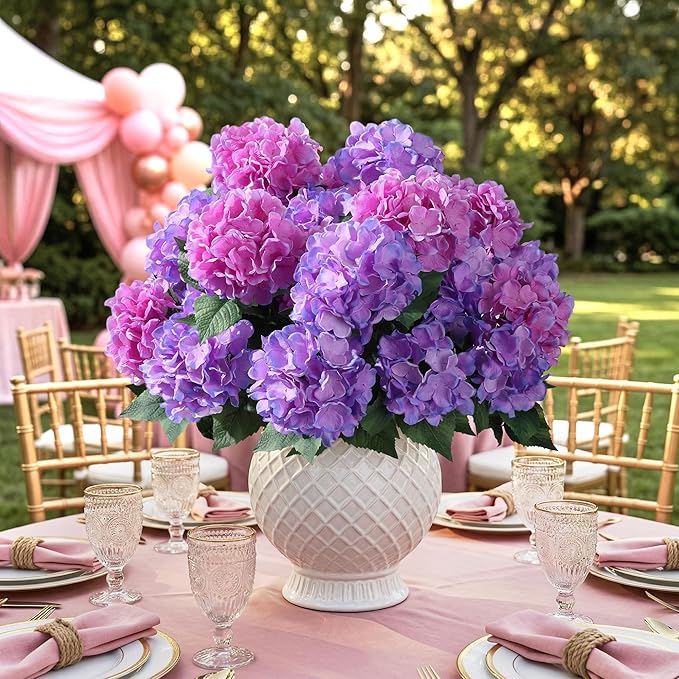 Ivydale Artificial Flowers for Outdoors, 4 PCS Purple Fuchsia Fake Silk Hydrangea Flower Stems for Bouquets UV Resistant Realistic Faux Plants Home Outdoor Wedding Party Centerpieces Decor