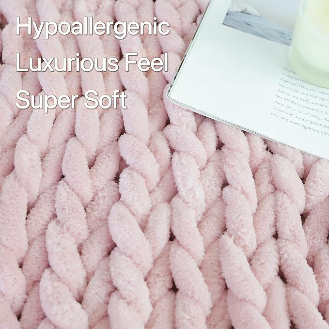 Maetoow Chenille Chunky Knit Blanket Throw (50×60 Inch), Handmade Warm & Cozy Blanket Couch, Bed, Home Decor, Soft Breathable Fleece Banket, Christmas Thick and Giant Yarn Throws, Light Pink