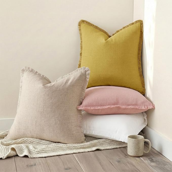 decorUhome Summer Decorative Neutral Linen Fringe Euro Sham Throw Pillow Covers Set of 2 Cream White Pillow Covers with Tassels Soft Farmhouse Boho Accent Pillow Cases for Couch Bed Sofa 22x22 Inch