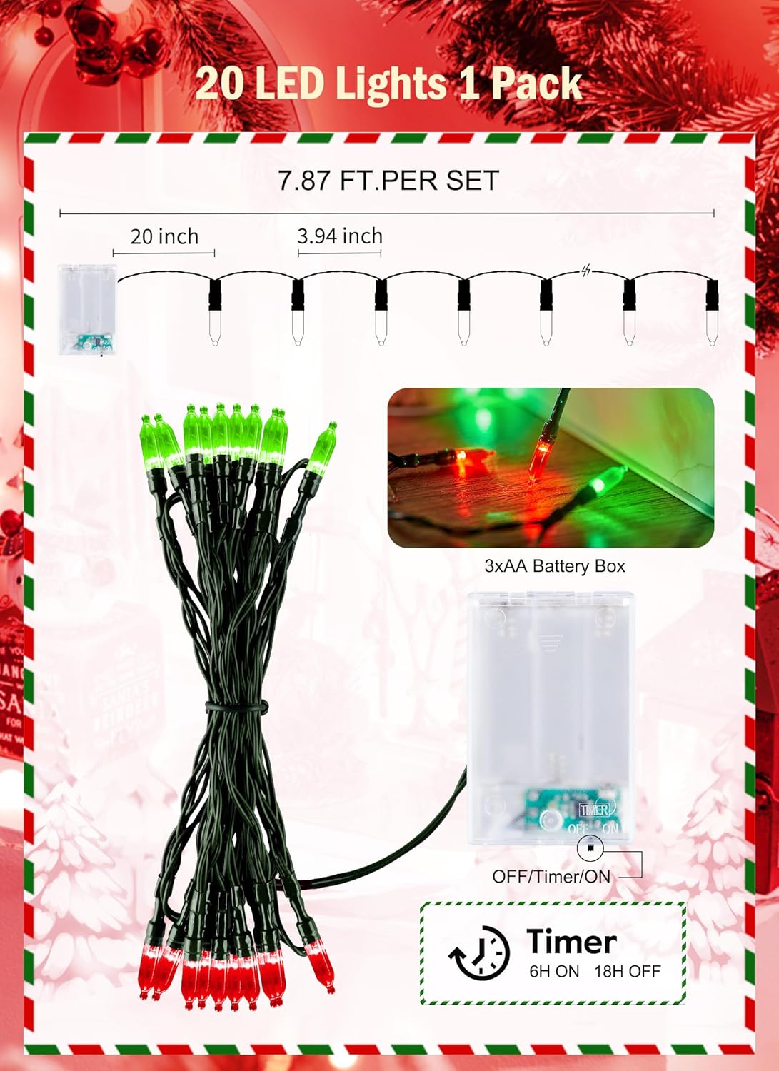 Battery Operated Christmas String Lights, 8ft 20 LED Mini Lights with Timer, Christmas Tree Lights for Indoor Outdoor Bedroom Wedding Party Holiday Xmas Decoration,Red & Green