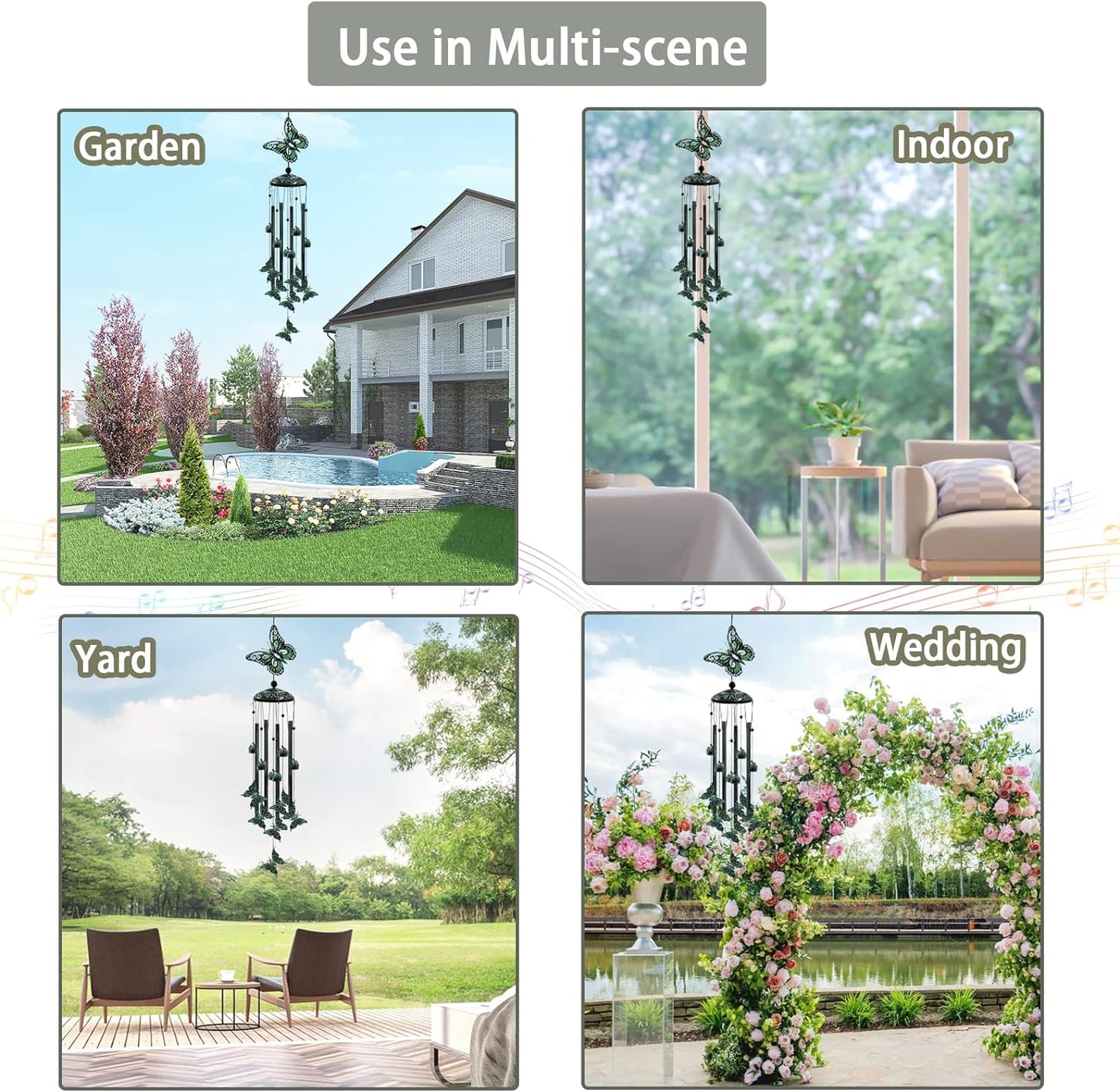 Wind Chimes for Outside, 33" Butterfly Wind Chimes Outdoor, Gifts for Women Mom Grandma Birthday, Gift for Garden Porch Patio Home Decor (Green)