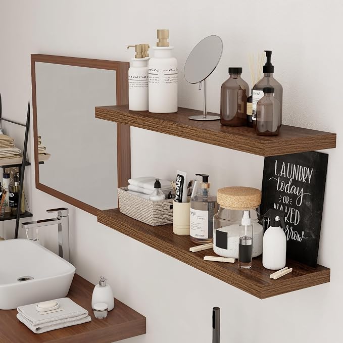 Floating Shelves for Wall, 36 inch Long Shelf, Walnut Wooden Wall Mounted Shelves for Bathroom Living Room Kitchen Bedroom Storage & Organizer, 36 x 9.3 x 1.5 in, 2 Packs
