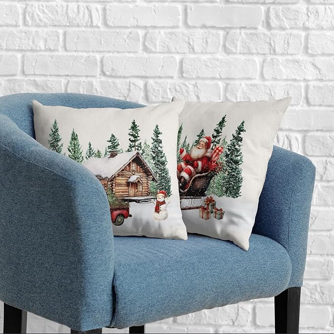 Christmas Santa Pillow Covers Set of 2 Snowy House Red Truck Snowman Throw Pillow Covers Green Xmas Tree Pillowcase 20x20 Cotton Linen Cushion Case for Winter Holiday Home Decor