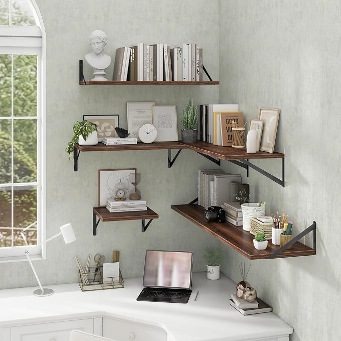 Acovy Deep Floating Shelves Wall Mounted, 48"x12" Walnut Wall Shelves with Brackets Set of 2 for Bedroom, Living Room, Bathroom, Kitchen, Office - Storage & Display Shelf for Decor, Books, Plants