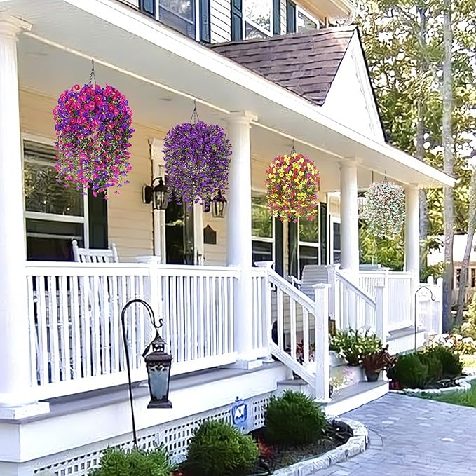 Artificial Hanging Flowers with Basket, 480 Blooms UV Resistant Faux Morning Glory Silk Plants, Fast & Easy Assembly Fake Hanging Baskets for Outdoor Porch Patio Garden Decor, Purple&Yellow&Red