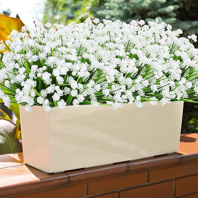 Ouddy Decor 24 Bundles Artificial Flowers for Outdoors UV Resistant Fake Plastic Plants Faux Greenery Stems for Spring Summer Indoor Garden Patio Window Box Kitchen Home Decor, White