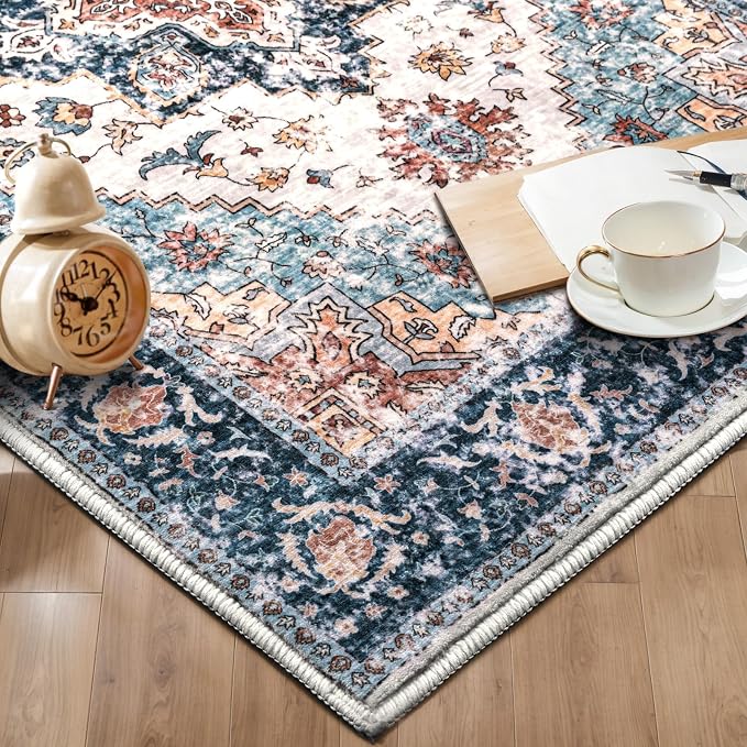 SERISSA Boho Washable Runner Rug, 2'6"x8' Non-Slip Vintage Blue Orange Hallway Kitchen Runner Rug Ultra Soft Print Distressed Tribal Floor Carpet for Bedroom Bathroom Laundry Room