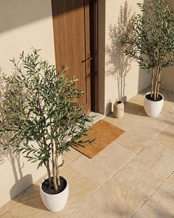 KOL 6ft Artificial Olive Tree Indoor, Tall Faux Olive Trees, Lifelike Fake Olive Tree Floor Plant for Home Office Living Room Decor with Matte Beige Pot