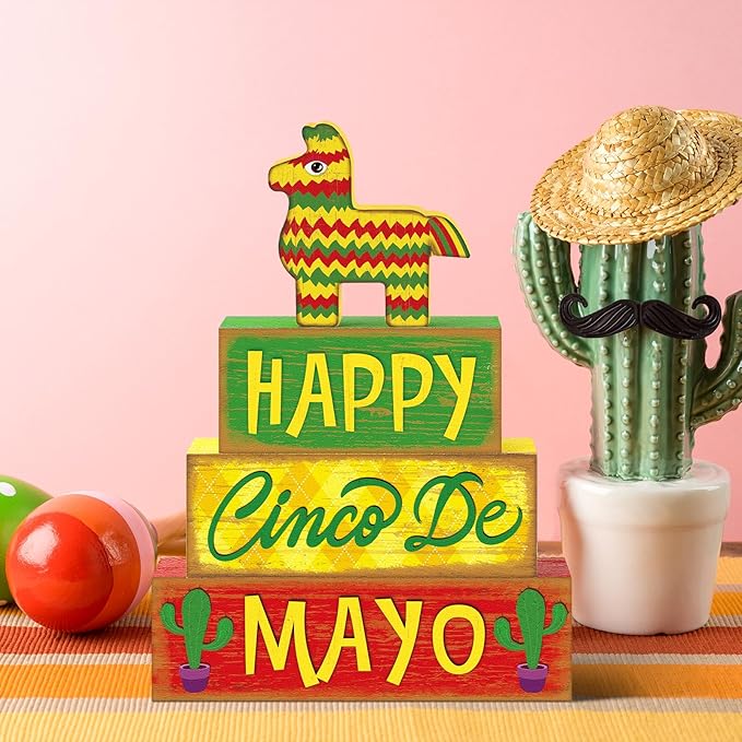 Marsui 4 Pcs Cinco De Mayo Decor Wooden Mexican Tabletop Decorations Rustic Fiesta Tiered Tray Decor Decorative Wooden Donkey Pinata Block Sign Farmhouse Mexican Table Centerpiece for Home Decorations