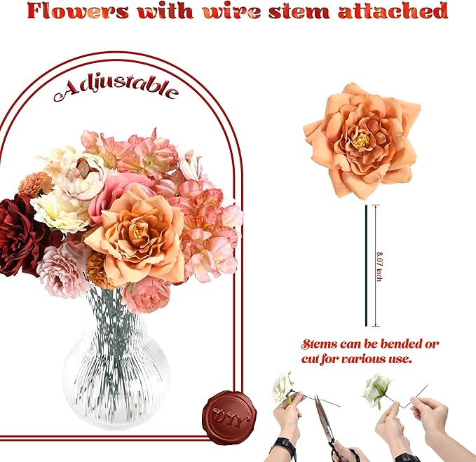 Artificial Flowers Combo Box, 34PCS Fake Flowers, Silk Flower Mix with Wire Stem, DIY Wedding Bridal Bouquet for Arrangement, Shower Party Home Décor, Soft Blush & Apricot Mix