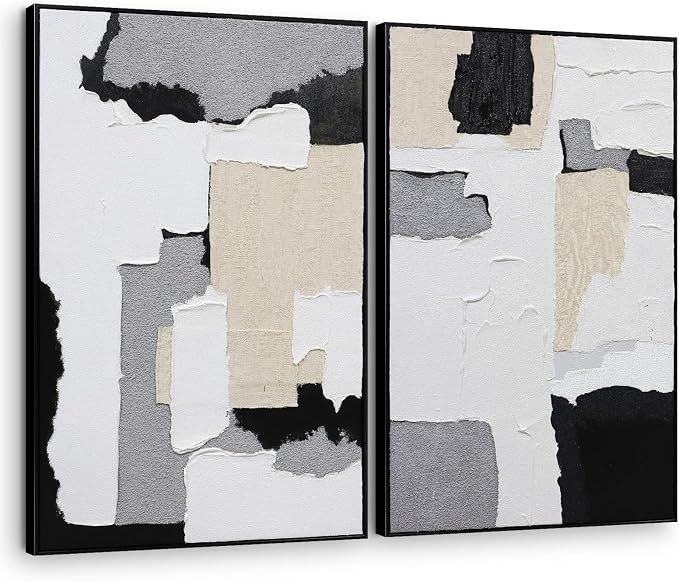 Neutral Abstract Wall Art Hand Painted, 3D Textured with Fabric Wall Decor, Modern Minimalist Framed Canvas Painting, Black White Geometric Artwork for Home Office Living Room Bedroom, 24"x36"x2