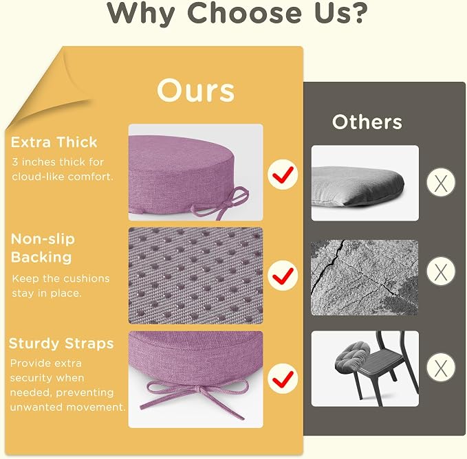 Bar Stool Cushions Round 3" Thick Round Seat Cushions for Chairs 2 Pack Non Slip Bistro Chair Pads with Machine Washable Cover (12 Inch, Purple)