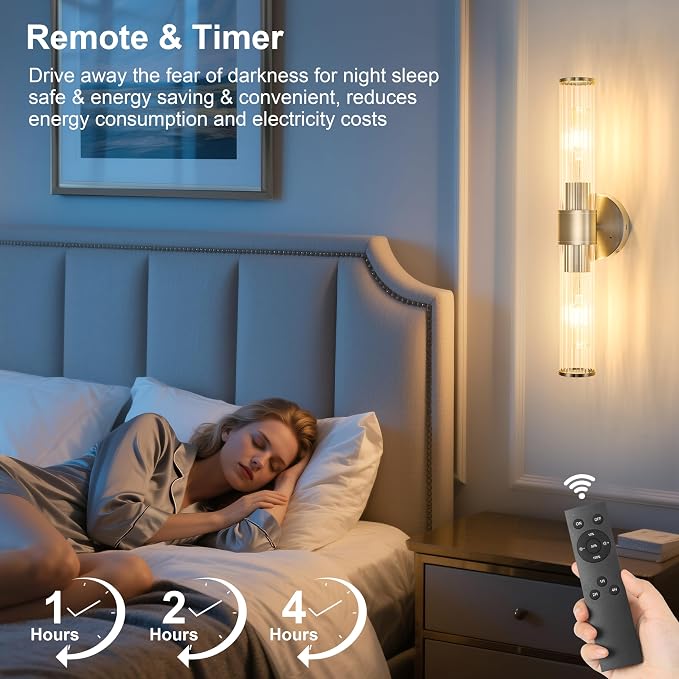 Morauroral Sand Nickel Battery Operated Wall Sconces Set of Two, Rechargeable Wall Sconce with Dimmable Remote Control, 20 Inch Wireless Sconce Wall Light for Bedroom, Living Room (Bulbs Included)