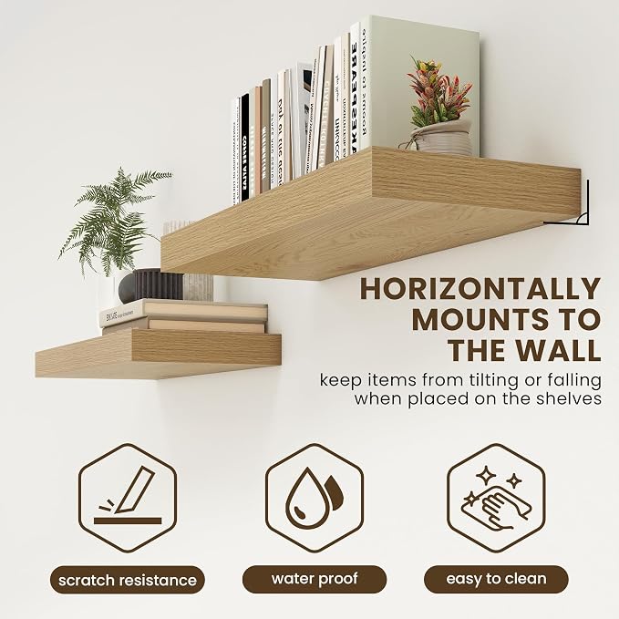 FLYJOE 12 Inch Floating Shelves, Oak Square Floating Shelves Set of 2, 12''W x 12''D Wood Shelves for Wall, Deep Shelves for Bathroom Living Room, Engineered Wood, Mounting Hardware Included