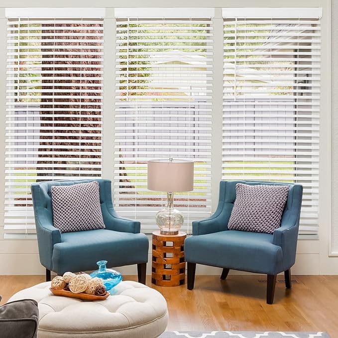 Cordless Room Darkening Plantation Blind - 27 Inch Width, 64 Inch Length, 2" Vinyl Slat Size - White - GII Madera Falsa Faux Wood, Light Filtering Horizontal Windows Blinds by Achim Home Decor