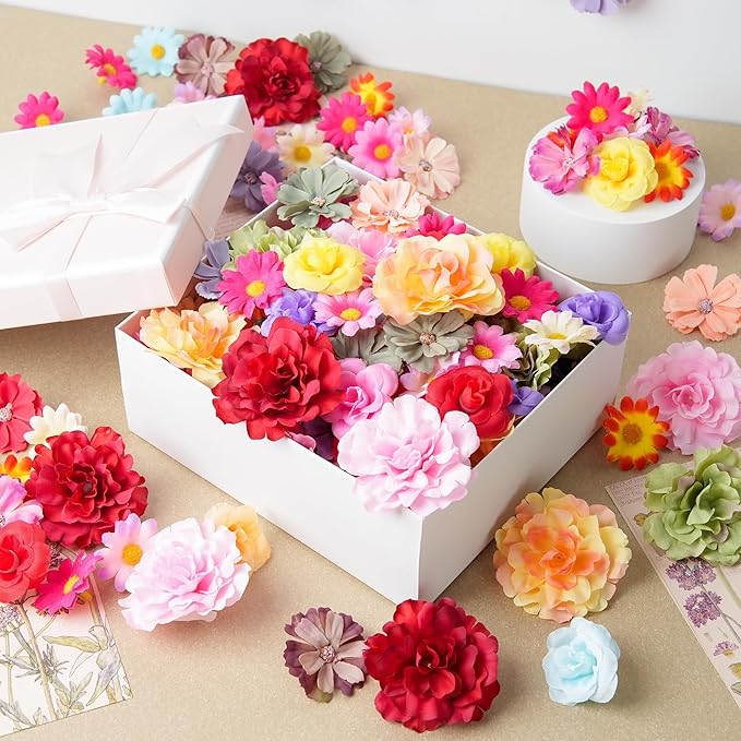 210 Pcs Mini Silk Flower Heads Small Fake Rose Daisy Faux Flowers Bulk for Crafts Artificial 3D Loose Fabric Flowers Heads Sunflower Bulk for Wedding Hair Cap Dresses Decorations (Bright Colors Mixed)