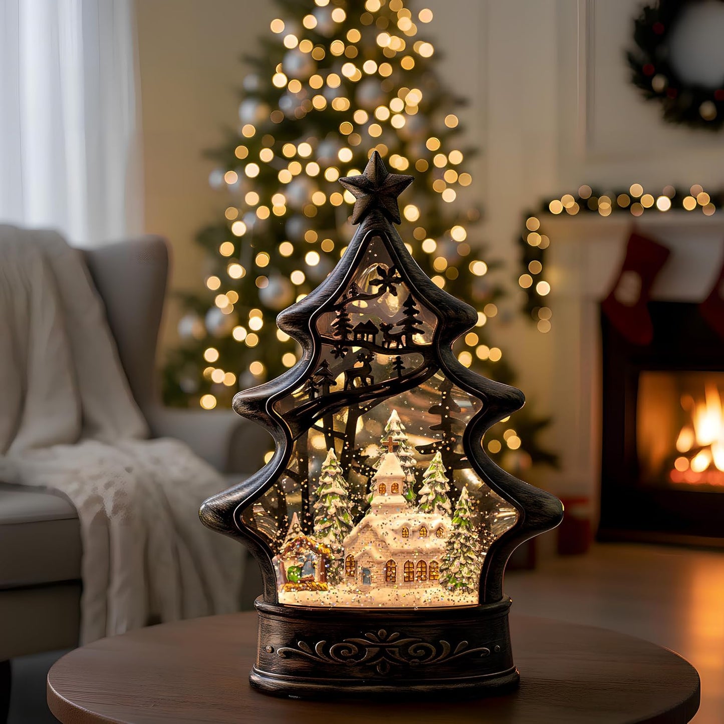 Christmas Snow Globe Lantern Water Glittering Church & Manger Scene with Music & Timer, USB Lined/Battery Operated Lighted Lantern for Christmas Festival Decoration Gifts