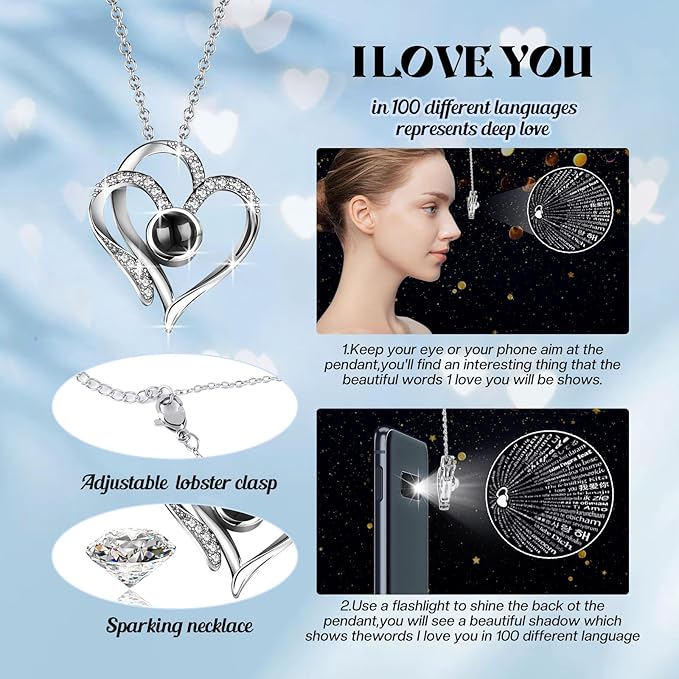 Pasuvsigt Valentines Day Rose Gifts for Her, Preserved Real Rose with I Love You Heart 100-Language Necklace, LED Lights & Music Box, Anniversary Birthday Valentines Gifts for Women Girlfriend Mom