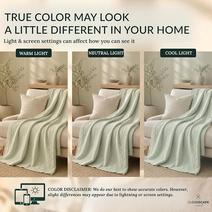 CLOUDSCAPE 4 Layer Muslin Blanket for Adults - 100% Cotton Blanket Queen Size Bedding - 92"x92" Fits Up to Full Size Bed - All-Season Lightweight Soft Gauze, Breathable Summer Blankets - Sea Foam