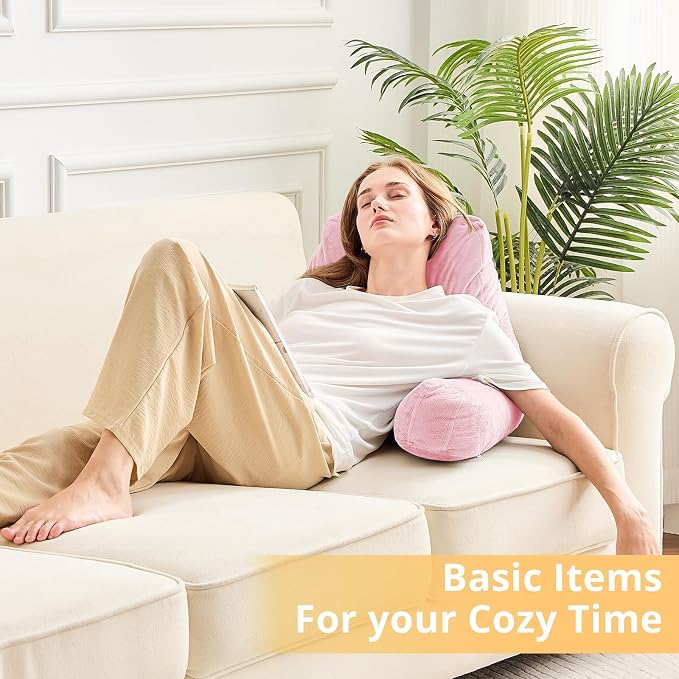Sasttie Reading Pillow, Velvet Back Pillow for Bed Sitting Up, Adult Back-Rest Support Cushion with Arms for Sit Up on Couch, Sofa, and Floor, Dorm Essentials, Reading Accessories, Pink