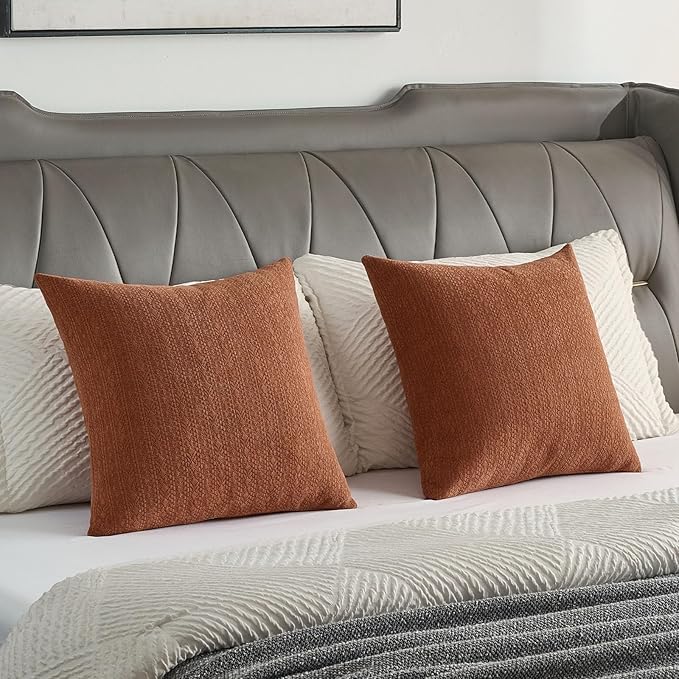 FUTEI Rust Chenille Throw Pillow Covers 12x20 Inch Set of 2,Soft Striped & Diamond Textured Lumbar Pillow Cases,Modern Home Decor for Couch Living Room