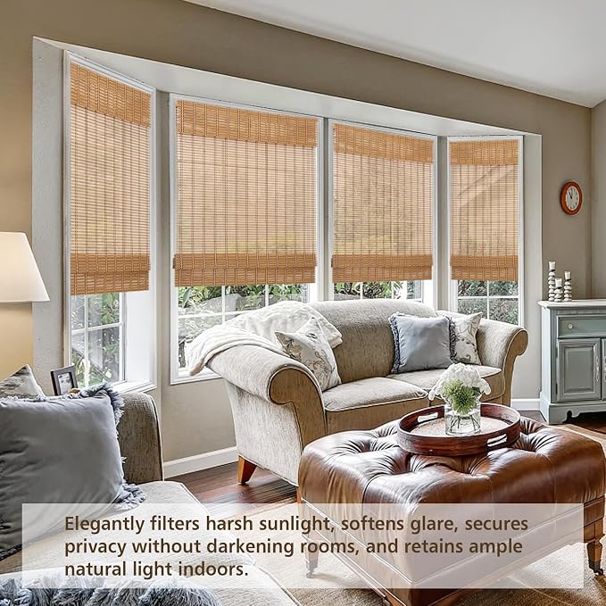 Cordless Woven Wood Roman Shades, 22.5" W x 64" H, Natural Caramel Brown | Light Filtering Bamboo Shades for Indoor Windows, Privacy Blinds for Bedroom Living Room Kitchen, Easy Install