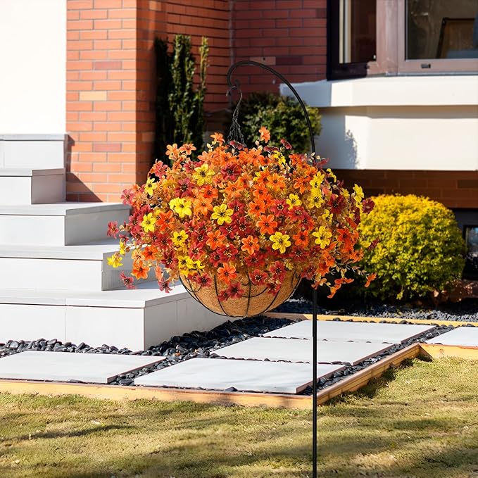 Artificial Flowers Fall Hanging Basket Plants for Outdoor Decorations, Fake Mums Faux Silk Flower UV Resistant Autumn Decor for Outside Garden Patio Front Porch Balcony Window (Orange Yellow Brown)