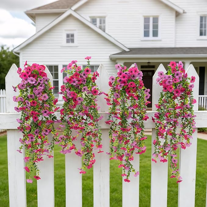 Fanfantoey 4Pcs Artificial Flowers for Outdoors, UV Resistant Fake Flowers, Realistic Artificial Hanging Flowers, Fake Plants Silk Daisy Vines for Spring Summer Outdoor Decor(Fuchsia,Hot Pink)