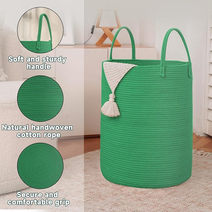 JMvicyroam Large Woven Laundry Basket Hamper,60L Cotton Rope Storage Bin for Blankets,Toys and Clothes,Decorative Tall Nursery Hamper for Living Room,Baby Nursery,Bathroom and Bedroom,Dark Green