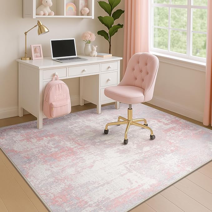 RELEANY Washable Area Rugs 4'x6' Non-Slip Modern Abstract Soft for Living Room Entryway Bedroom Nursery, Print Pattern, Grey Pink