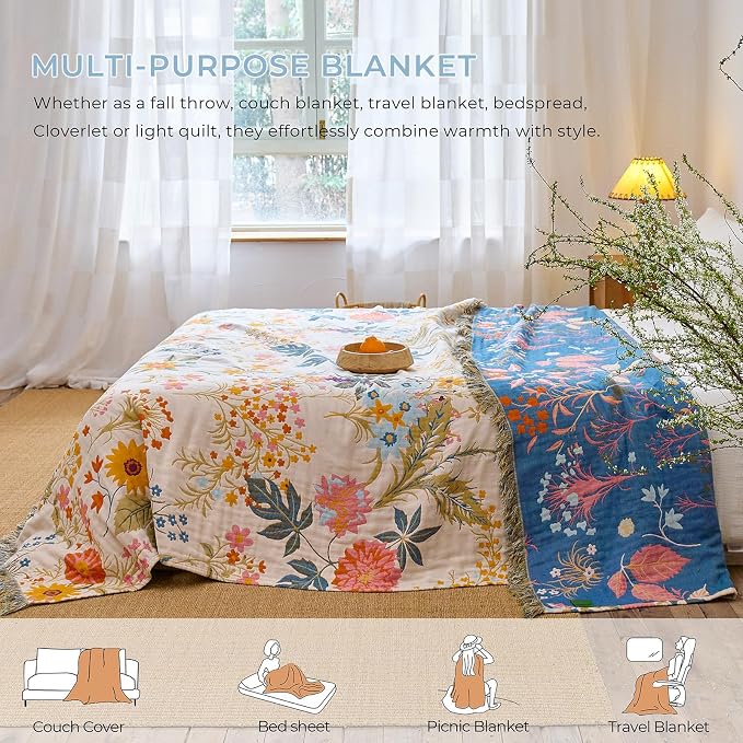 Boho Throw Blanket for Home Decor, Soft Throw Rustic Classic Quilt,100% Cotton Muslin Blankets for Adults, Reversible Woven Decorative Summer Blanket for Bed Layering Use, Floral, 50"x60"Gift for Mom
