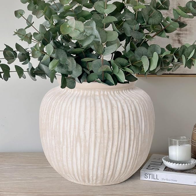 Oakrain Large Rustic Decorative Vase, 9" Distressed Round Floor Vase for Home Decor, Farmhouse Centerpieces Planters for Living Room Indoor Outdoor Use, Vintage White