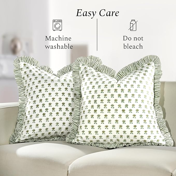 CPC Lotus Meadow Hand Block Print 100% Cotton Ruffle Throw Pillow Cover 20x20 inch with Hidden Zipper Decorative for Couch, Bed, Sofa, Farmhouse, Cottagecore Decor Gift Christmas Fall Thanksgiving