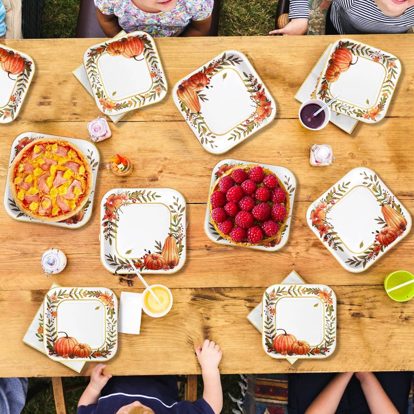 Grencian 200Pcs Fall Plates and Napkins Thanksgiving Plates Pumpkin Flower Wreath Plate Disposable Pumpkin Tableware Fall Party Supplies for Autumn Harvest Thanksgiving Party Decorations, Serves 50