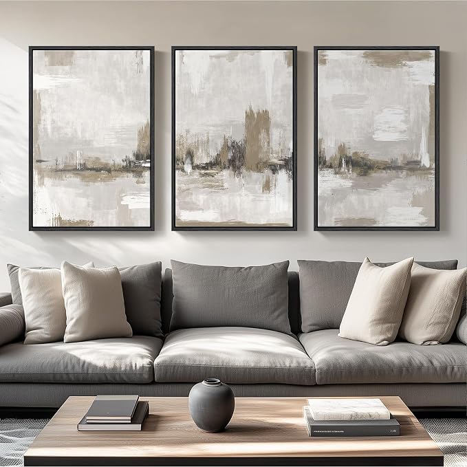 Large Framed Neutral Abstract Wall Art for Living Room, 3 Piece Gray Beige Canvas Artwork for Walls, Modern Minimalist Abstract Prints Paintings Pictures for Hallway Home Office Wall Decor, 24x36 In