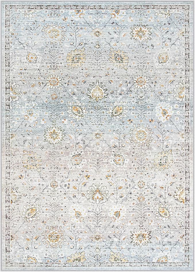 Lahome Flavie Boho Light Blue Area Rug 5x7 for Living Room, Soft Large Floral Rug for Bedroom Aesthetic, Machine Washable Floor Carpet Non Slip Indoor for Home Decor (Blue/Grey)
