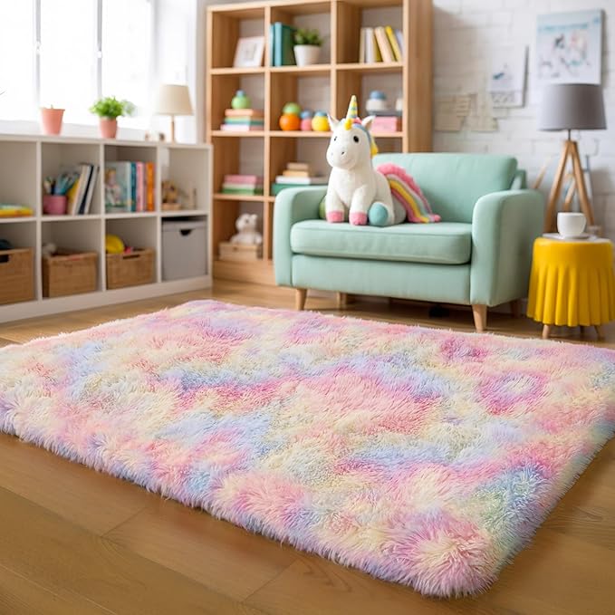 KICHOWUA Thick Area Rug Unicorn Fluffy Shag 3x5 for Girls Bedroom, Rainbow Fuzzy Soft Pastel Shaggy Rug for Living Room, Thickened Washable Non-Slip Princess Kids Toddler Boys Nursery Dorm Room Carpet