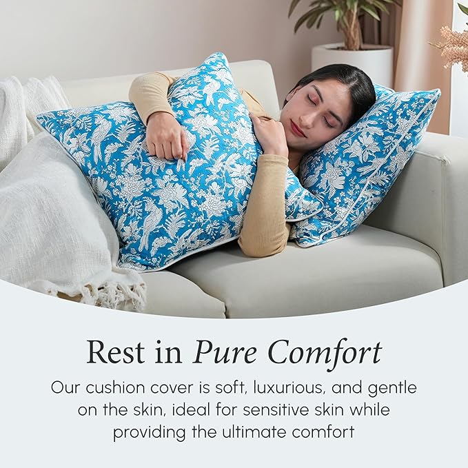 CPC 100% Cotton Throw Pillow Covers 24x24 Inch, Set of 2 Blue Block Print Pattern Couch Pillow, Cute Boho Decorative Pillows for Living Room, Bedroom with Hidden Zipper- Blue Sapphire