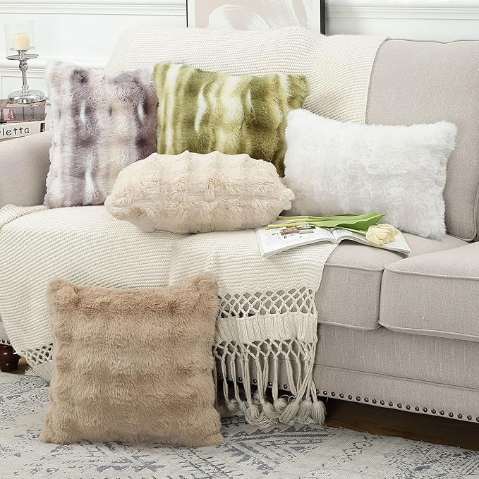 MADIZZ Pack of 2 Thick Plush Faux Wool Throw Pillow Covers Soft Boho Throw Pillows Luxurious Cushion Covers for Couch Sofa Bedroom Living Room Home Decor Euro Sham 24x24 Inch Grey Taupe