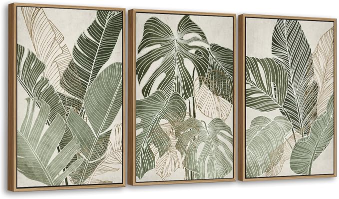 Large Framed Canvas Wall Art - Natural Float Framed Green Plantain Leaves Pictures Decor Brown Leaf Lines Painting Prints Rustic Botanical Artwork for Bedroom Living Room Decoration 60" X 28" Set of 3