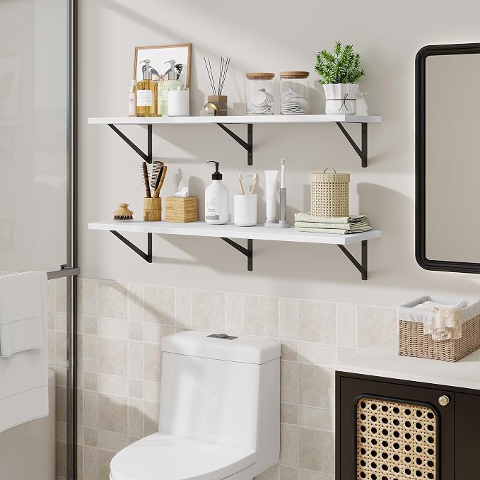 Acovy Floating Shelves for Wall,40" Wall Mounted Shelves Set of 2,Long Wood Floating Shelves,Hanging Wide Display & Storage Shelf with Metal Brackets for Bathroom,Bedroom,Kitchen,Living Room,White