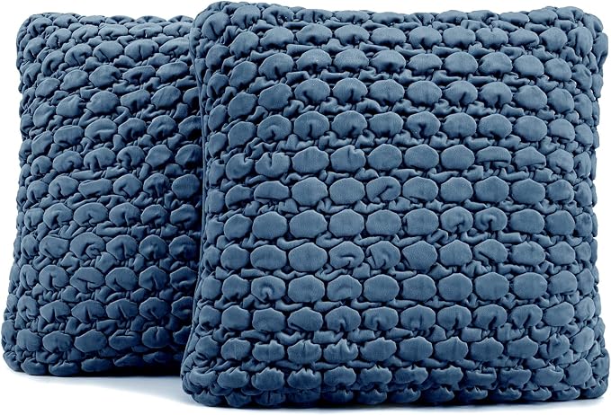 Throw Pillow Covers 18x18 Set of 2 Velvet Square Pillowcase Soft Skin-Friendly Thickened Decorative Farmhouse Cushion Covers Soft Bubble Texture for Couch Sofa Bedroom Living Room,Blue