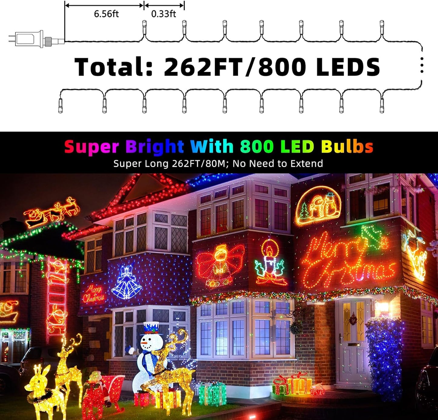 XTF2015 262FT 800 LED Christmas String Lights, Christmas Lights Plug 8 Modes Memory Function with Timer, UL Certified Outdoor Indoor Fairy Light Christmas Tree, Patio, Party (Multicolor)
