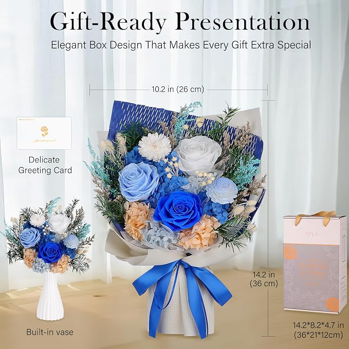 Preserved Flowers Bouquet - Forever Flowers for Delivery, Real Eternal Roses Bouquet, Mothers Day Gifts for Mom Grandma Wife, Anniversary Birthday Gifts for Women, Blue