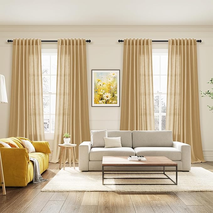 Nanspring Gold Yellow Linen Curtains 90 Inch Long 2 Panels Set for Bedroom Living Room Gold Yellow Linen Textured Window Drapes Semi Sheer Light Filtering Rod Pocket Back Tab Farmhouse Curtain 52x90