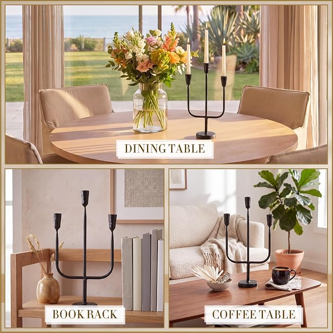 2 Pcs 16 Inch 3 Arm Metal Candelabra Cast Iron Taper Candelabra Vintage Tall Candle Holder Decorative Candlestick Holder for Wedding Antique Table Centerpiece & Mantel Decor (Black)