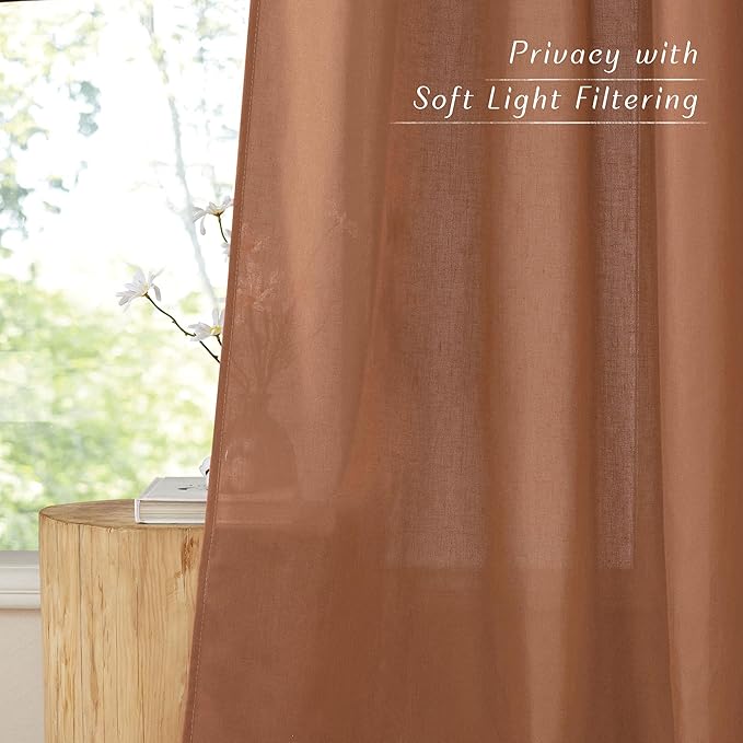 NICETOWN Caramel Short Linen Curtains for Kitchen, Thick Flax Small Window Treatments Semi Sheer Privacy Assured with Light Through for Cafe/Bathroom, W42 x L63, 2 Panels