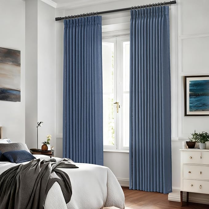 Pinch Pleated Navy Blue Linen Curtains 90 inch Length for Living Room 2 Panel Set Light Fitering Semi Sheer Navy Window Curtain Pinch Pleate with Hooks Farmhouse Bedroom Long Drapes 90