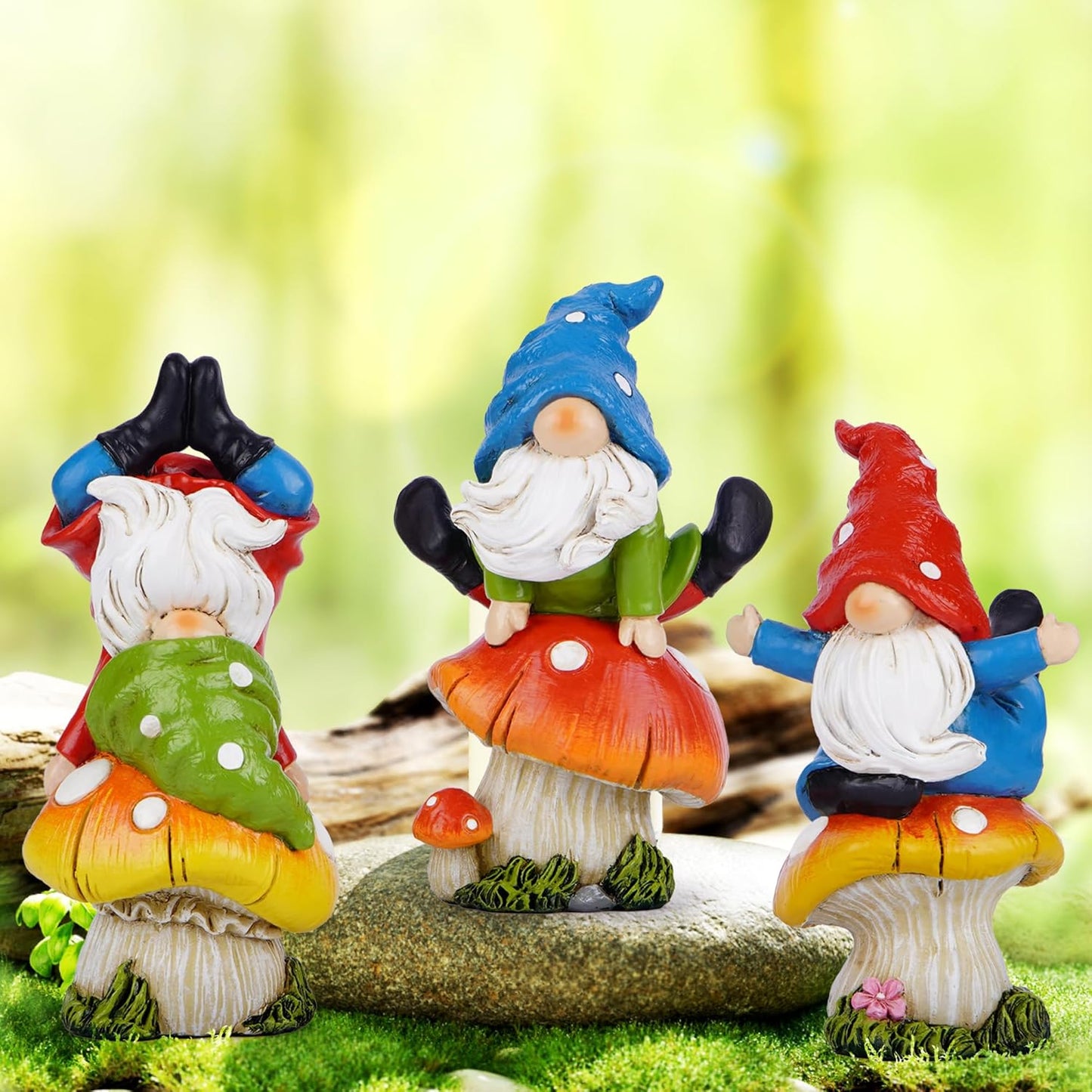 Hodao 3 PCS Spring Yoga Mushroom Gnomes Decoration Summer Elf Figurines Gifts for Home Spring Lively Garden Statues Decor for Outdoor, Mom, Mother (Multicolor)