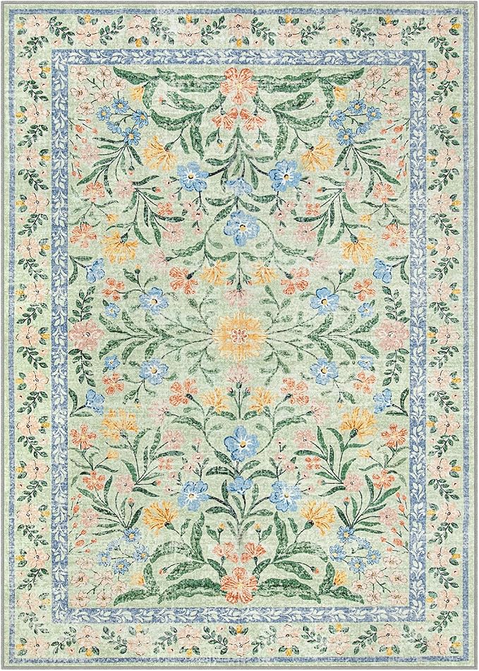 Wonnitar Machine Washable 5x7 Area Rug, Boho Floral Rugs for Living Room Non-Slip, Soft Pink and Green Flower Ultra-Thin Non Shedding Carpet for Bedroom Dining Room Nursery